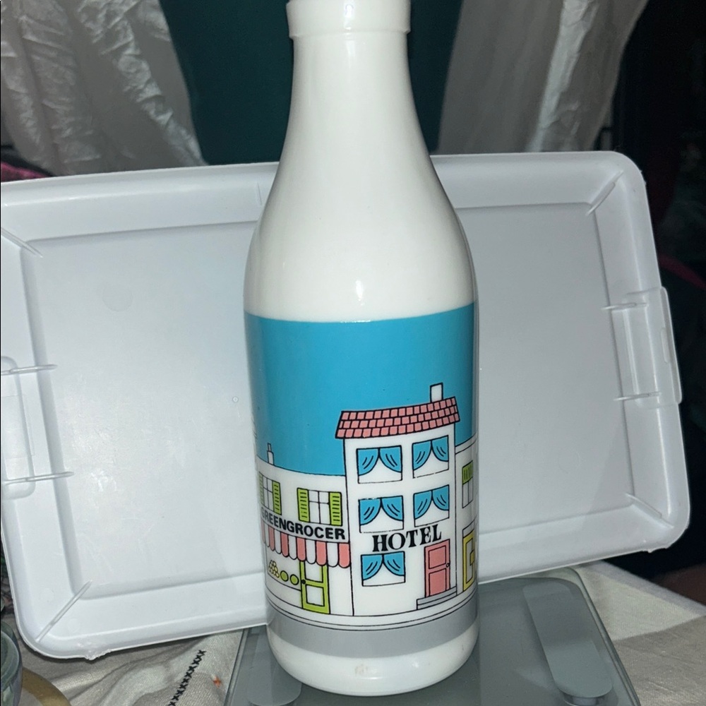Charming White and Blue  milk glass Illustrated Bottle
